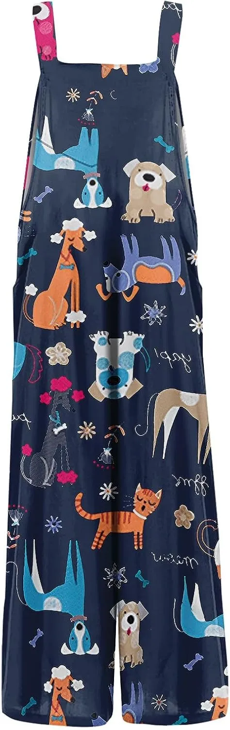 Boho Jumpsuit for Women Cotton Linen Overalls 2025 Summer Patchwork Print Wide Leg Plus Size Rompers with Pockets