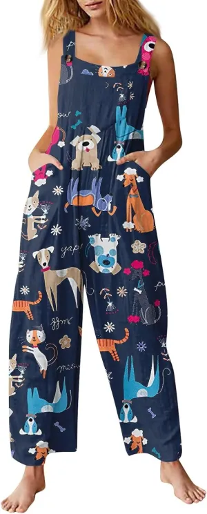 Boho Jumpsuit for Women Cotton Linen Overalls 2025 Summer Patchwork Print Wide Leg Plus Size Rompers with Pockets
