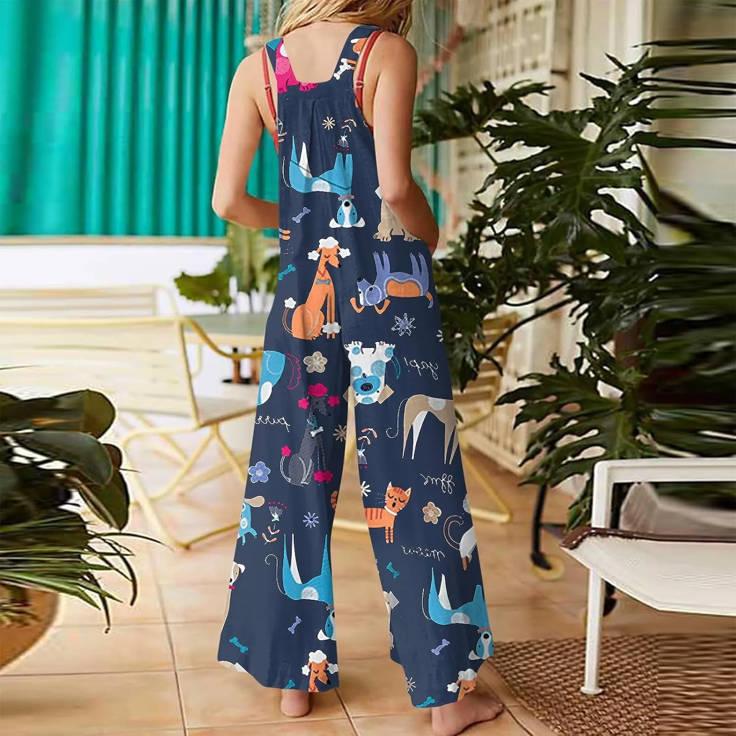 Boho Jumpsuit for Women Cotton Linen Overalls 2025 Summer Patchwork Print Wide Leg Plus Size Rompers with Pockets