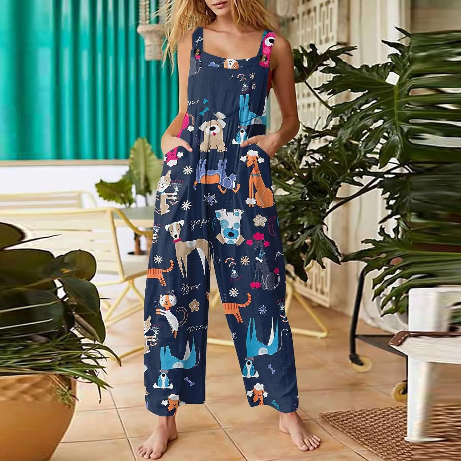 Boho Jumpsuit for Women Cotton Linen Overalls 2025 Summer Patchwork Print Wide Leg Plus Size Rompers with Pockets
