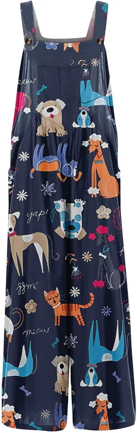 Boho Jumpsuit for Women Cotton Linen Overalls 2025 Summer Patchwork Print Wide Leg Plus Size Rompers with Pockets