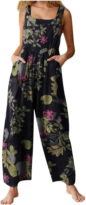 Boho Linen Jumpsuits for Women Floral Baggy Bib Patchwork Gardending Overalls Summer Casusl Vintage Hippie Clothes