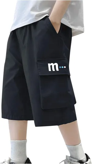 Boy's Baggy Cargo Shorts Straight Wide Leg Cool Pants for Teen with 4 Pockets Trendy Letter Patched Loose Trousers
