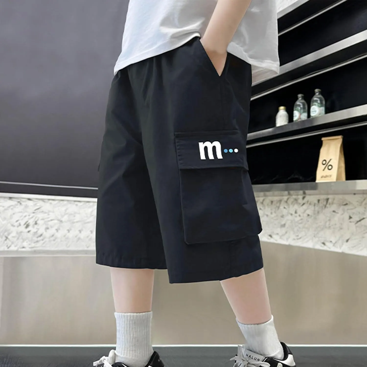 Boy's Baggy Cargo Shorts Straight Wide Leg Cool Pants for Teen with 4 Pockets Trendy Letter Patched Loose Trousers