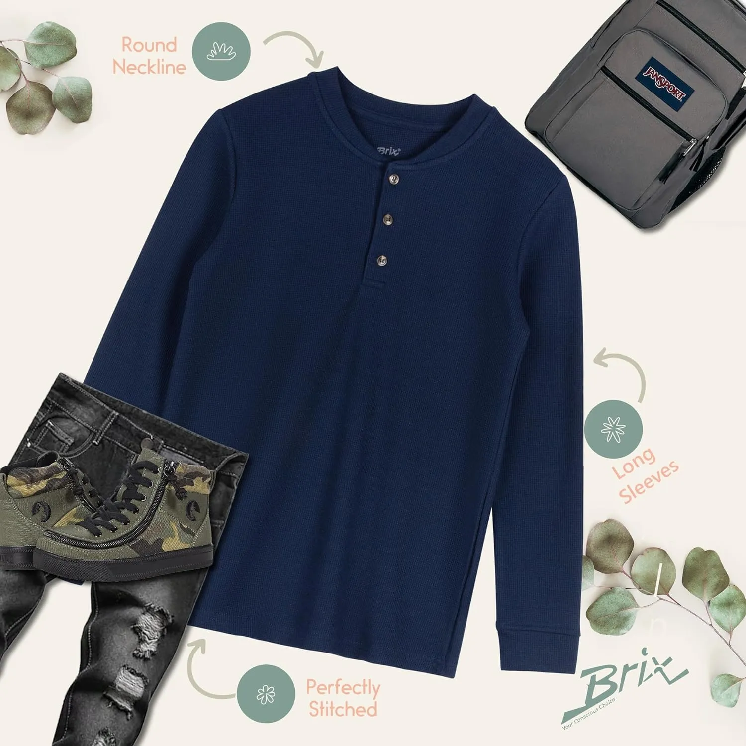 Brix Boys' Long Sleeve Thermal - Henley Shirt Waffle Fashion Clothes.