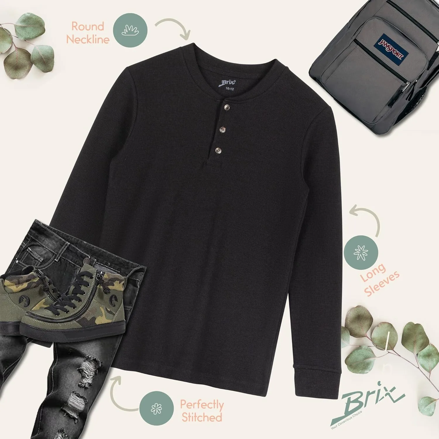 Brix Boys' Long Sleeve Thermal - Henley Shirt Waffle Fashion Clothes.