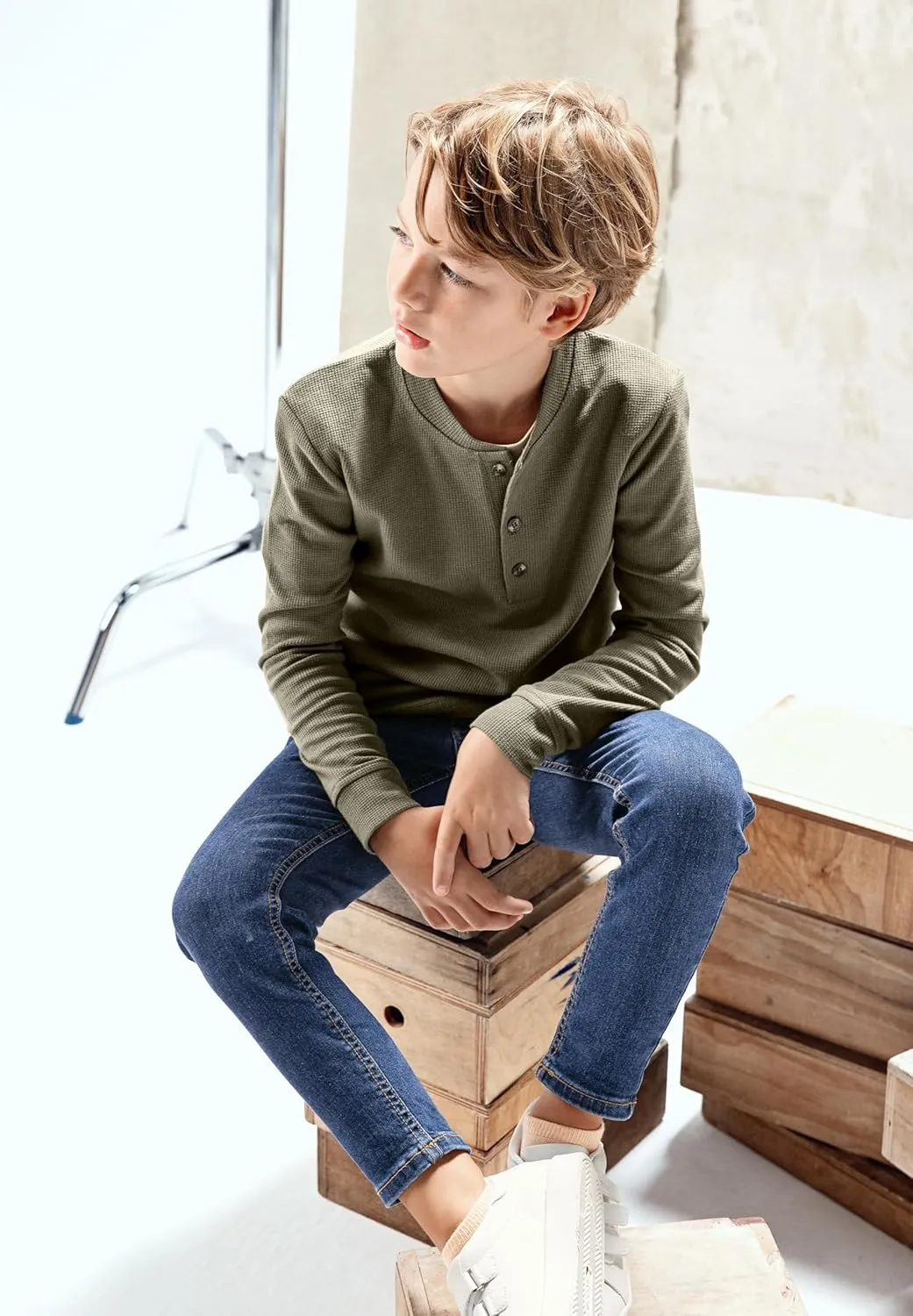 Brix Boys' Long Sleeve Thermal - Henley Shirt Waffle Fashion Clothes.