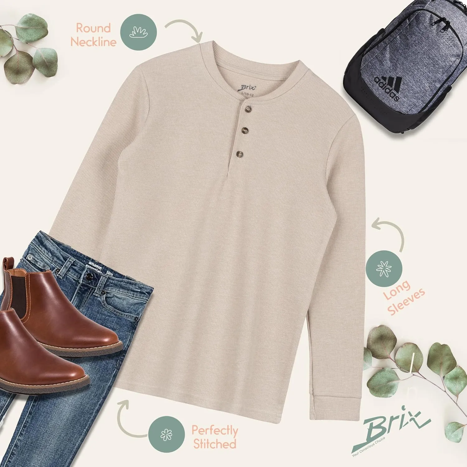 Brix Boys' Long Sleeve Thermal - Henley Shirt Waffle Fashion Clothes.