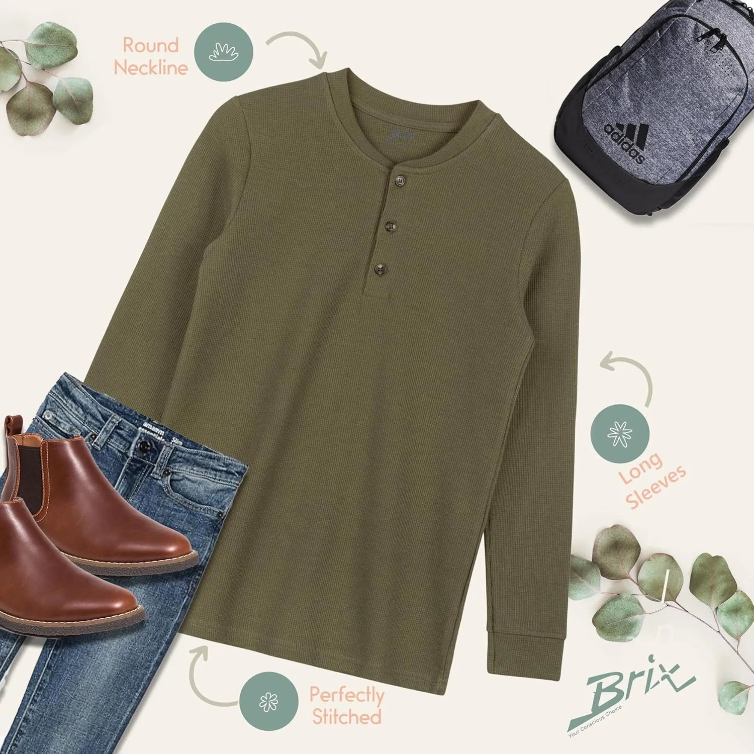 Brix Boys' Long Sleeve Thermal - Henley Shirt Waffle Fashion Clothes.