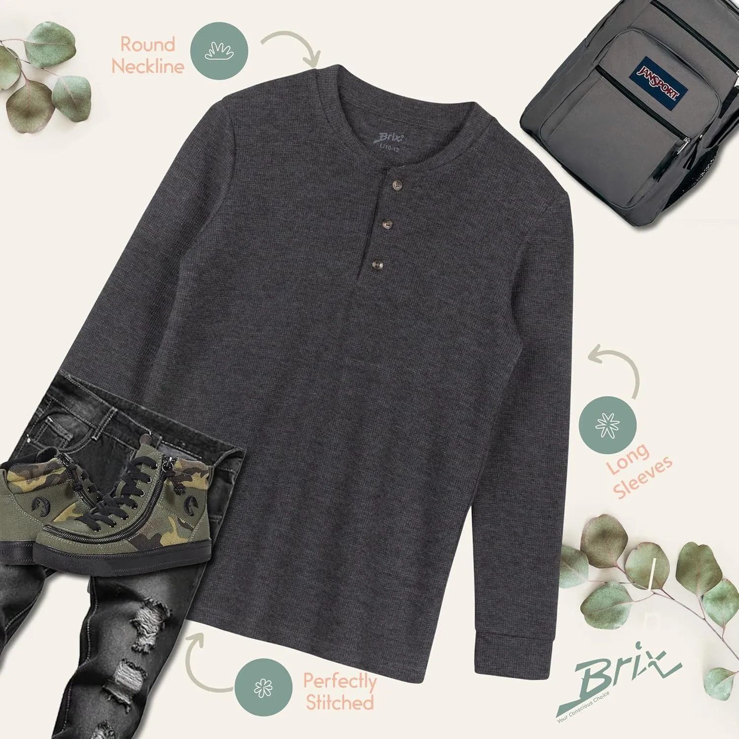 Brix Boys' Long Sleeve Thermal - Henley Shirt Waffle Fashion Clothes.