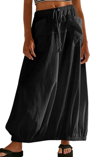 CHARTOU Women Baggy Parachute Skirt Comfy Casual Cotton Y2k Cargo Maxi Long Skirt