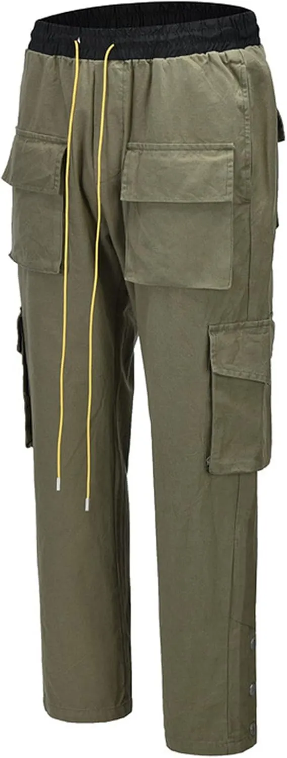 JEsilunmaMY Men's Multi-Pocket Cargo Pants Drawstring Elastic Waist Camo Straight Pants Distressed Hip-Hop Loose Trousers