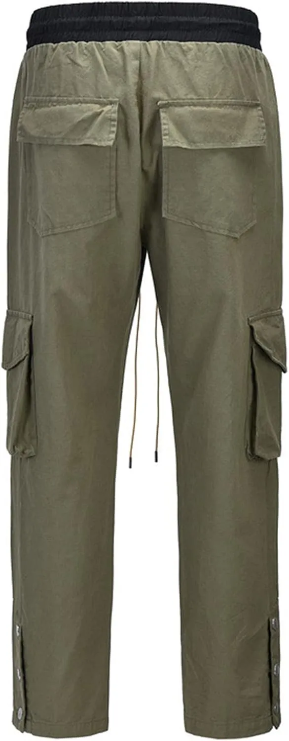 JEsilunmaMY Men's Multi-Pocket Cargo Pants Drawstring Elastic Waist Camo Straight Pants Distressed Hip-Hop Loose Trousers
