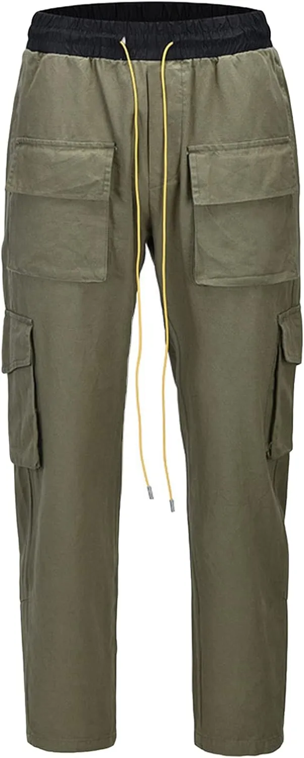 JEsilunmaMY Men's Multi-Pocket Cargo Pants Drawstring Elastic Waist Camo Straight Pants Distressed Hip-Hop Loose Trousers