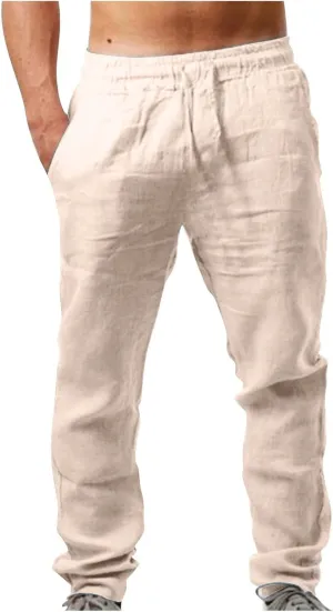 Men Pants Chino Cargo Pants Linen Cotton Casual Pants Loose Fit Elastic Drawstring Waist Straight-Legs Trousers