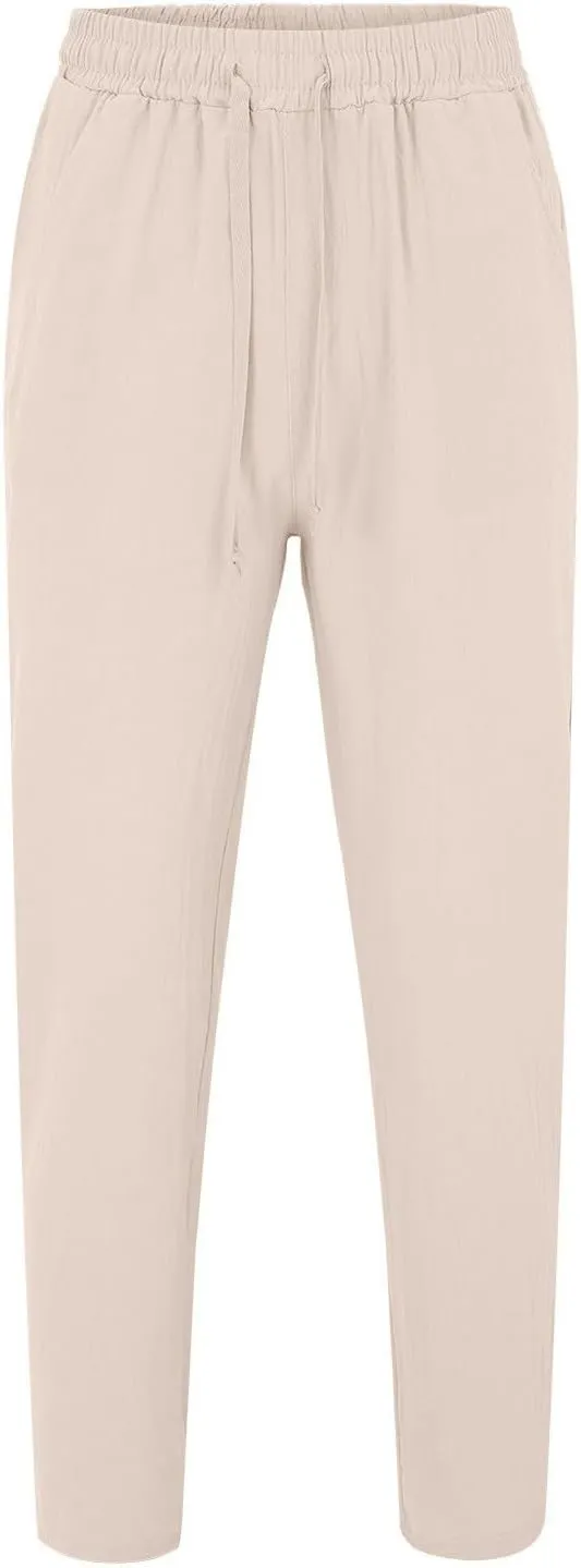 Men Pants Chino Cargo Pants Linen Cotton Casual Pants Loose Fit Elastic Drawstring Waist Straight-Legs Trousers