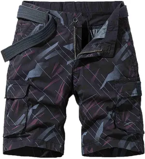 Mens Cargo Shorts Summer Striped Belted Tactical Dungarees Classic Fit Multi Pocket Cotton Linen Shorts Outdoor