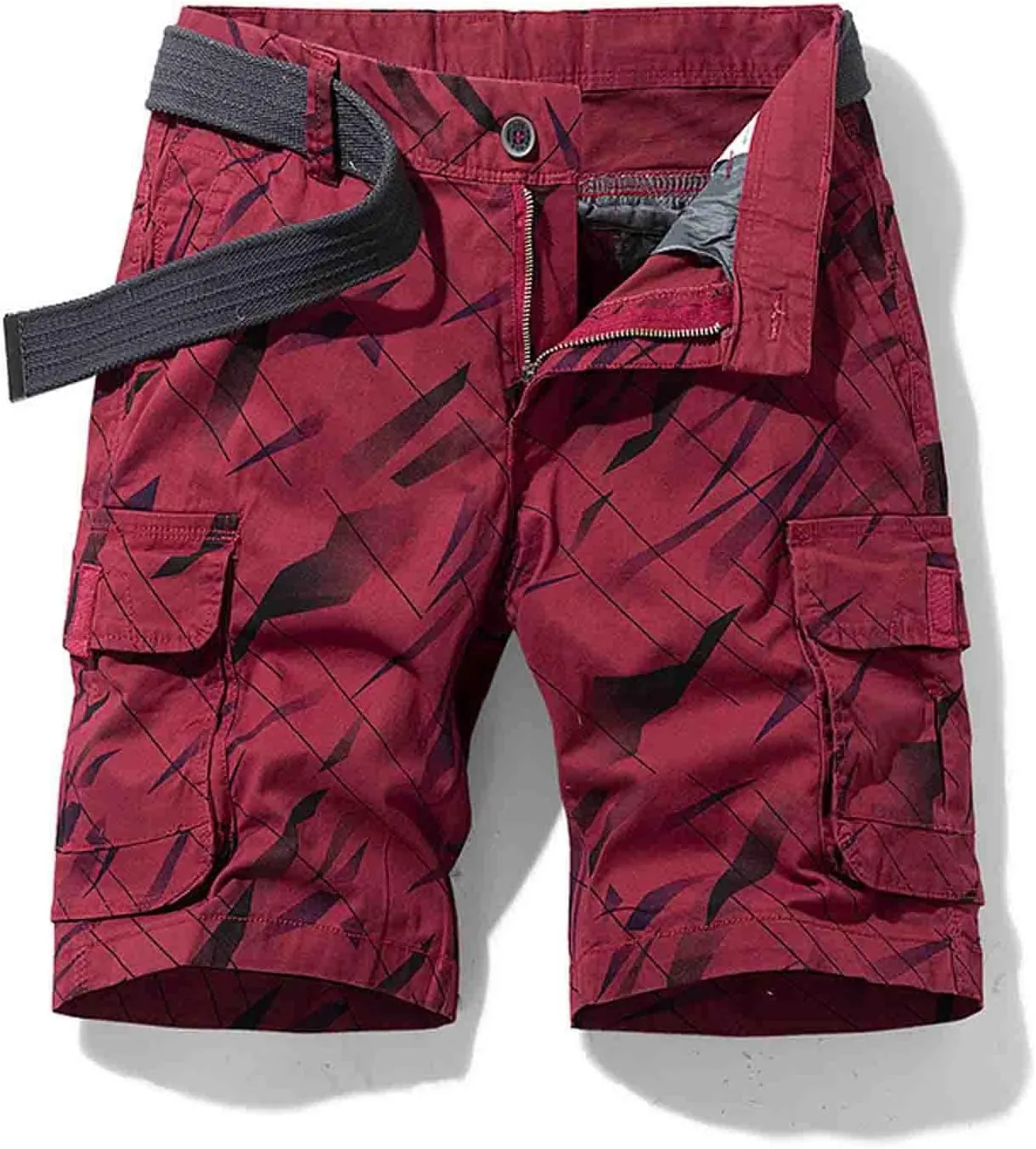 Mens Cargo Shorts Summer Striped Belted Tactical Dungarees Classic Fit Multi Pocket Cotton Linen Shorts Outdoor