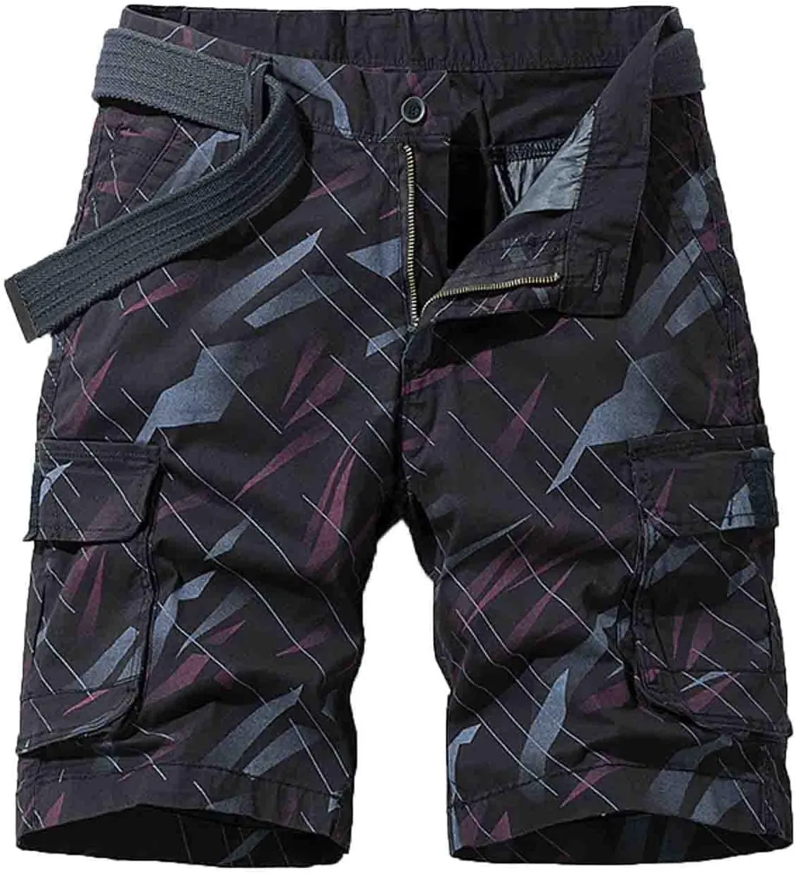 Mens Cargo Shorts Summer Striped Belted Tactical Dungarees Classic Fit Multi Pocket Cotton Linen Shorts Outdoor