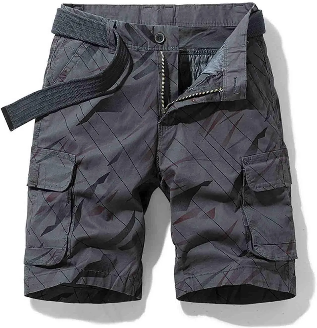 Mens Cargo Shorts Summer Striped Belted Tactical Dungarees Classic Fit Multi Pocket Cotton Linen Shorts Outdoor