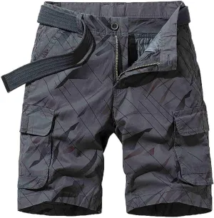 Mens Cargo Shorts Summer Striped Belted Tactical Dungarees Classic Fit Multi Pocket Cotton Linen Shorts Outdoor