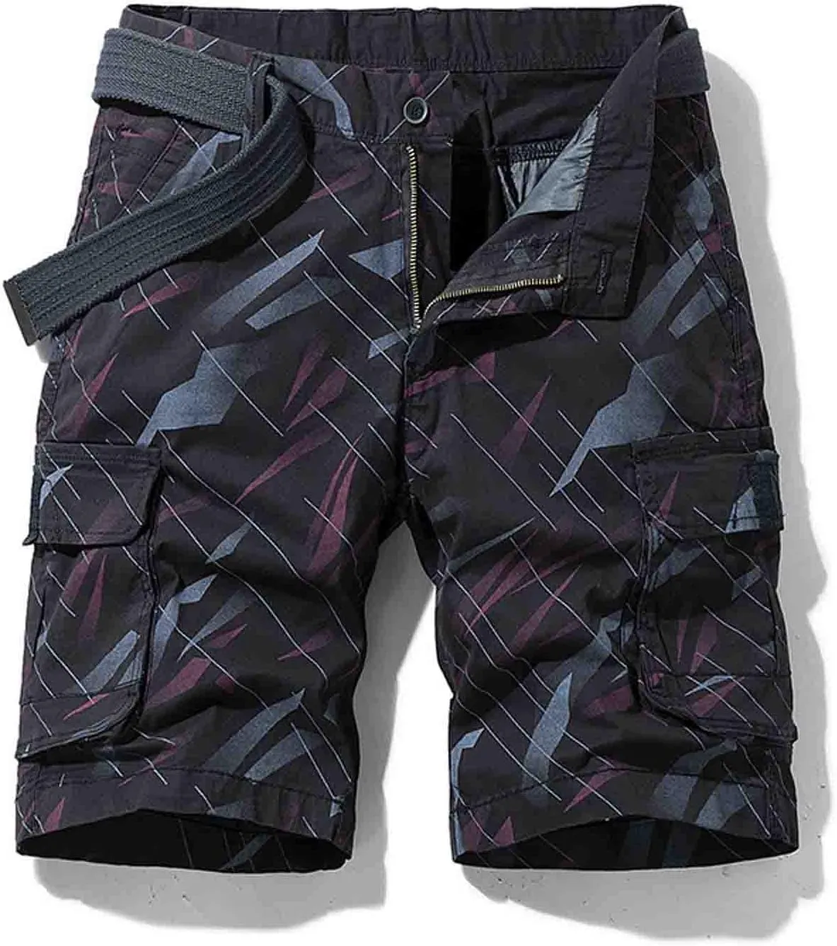 Mens Cargo Shorts Summer Striped Belted Tactical Dungarees Classic Fit Multi Pocket Cotton Linen Shorts Outdoor