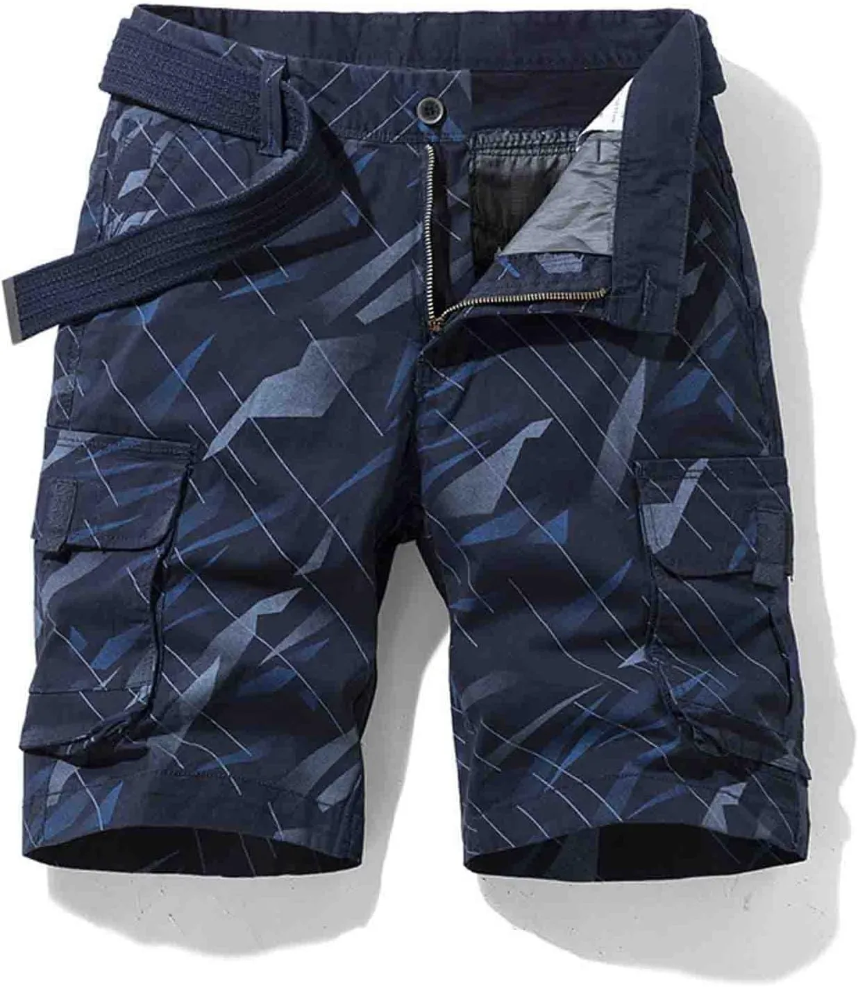 Mens Cargo Shorts Summer Striped Belted Tactical Dungarees Classic Fit Multi Pocket Cotton Linen Shorts Outdoor