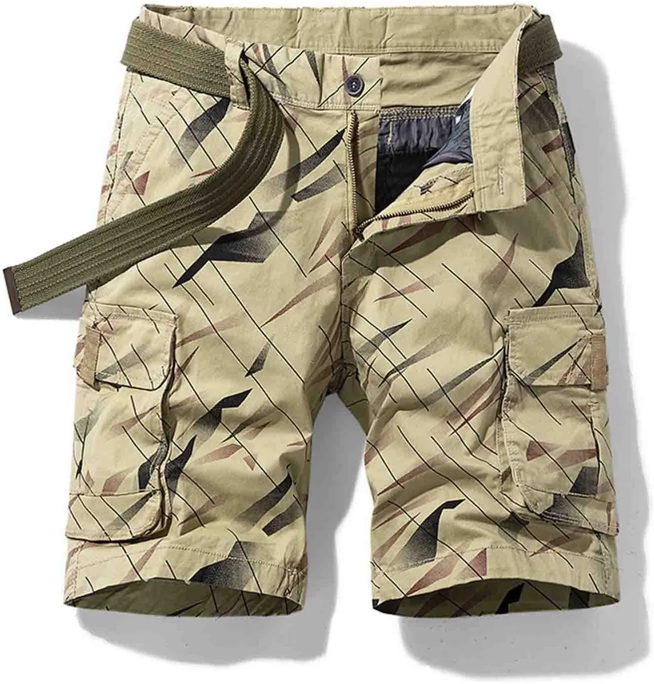 Mens Cargo Shorts Summer Striped Belted Tactical Dungarees Classic Fit Multi Pocket Cotton Linen Shorts Outdoor