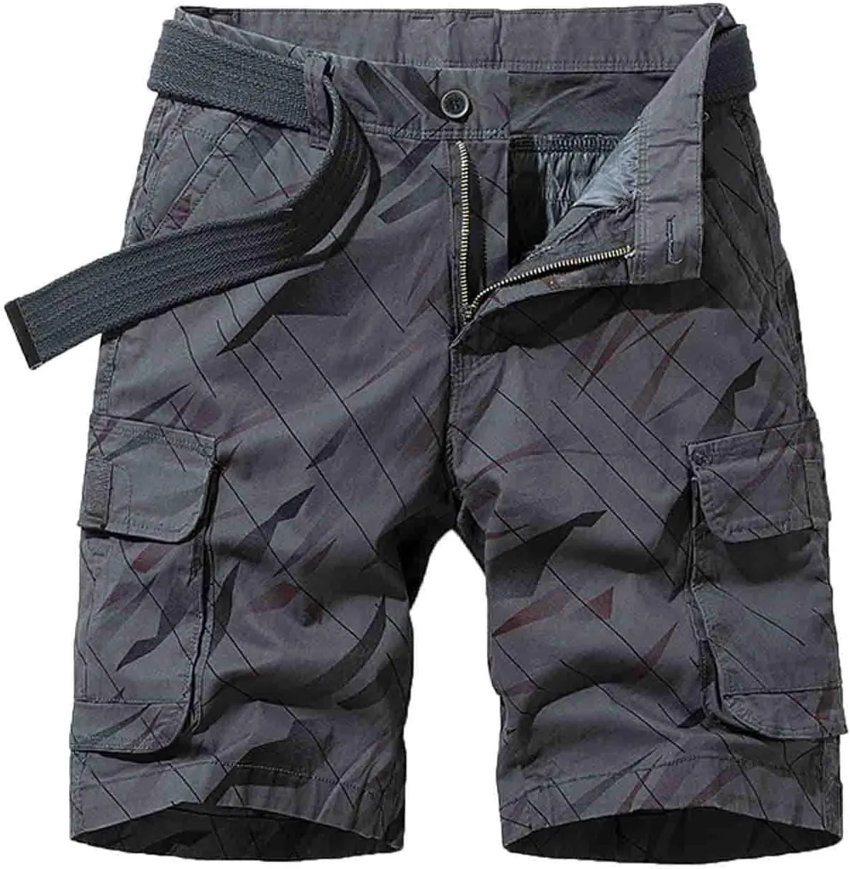 Mens Cargo Shorts Summer Striped Belted Tactical Dungarees Classic Fit Multi Pocket Cotton Linen Shorts Outdoor