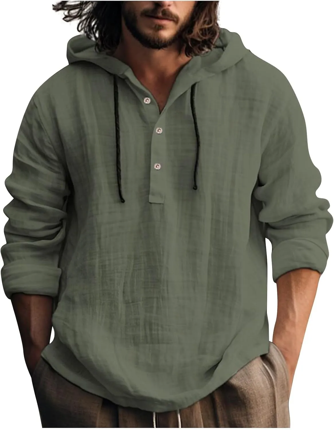 Mens Cotton Linen Hoodie,Long Sleeve Lightweight Breathable Hooded Button Down Shirt Spring Fall Casual Top