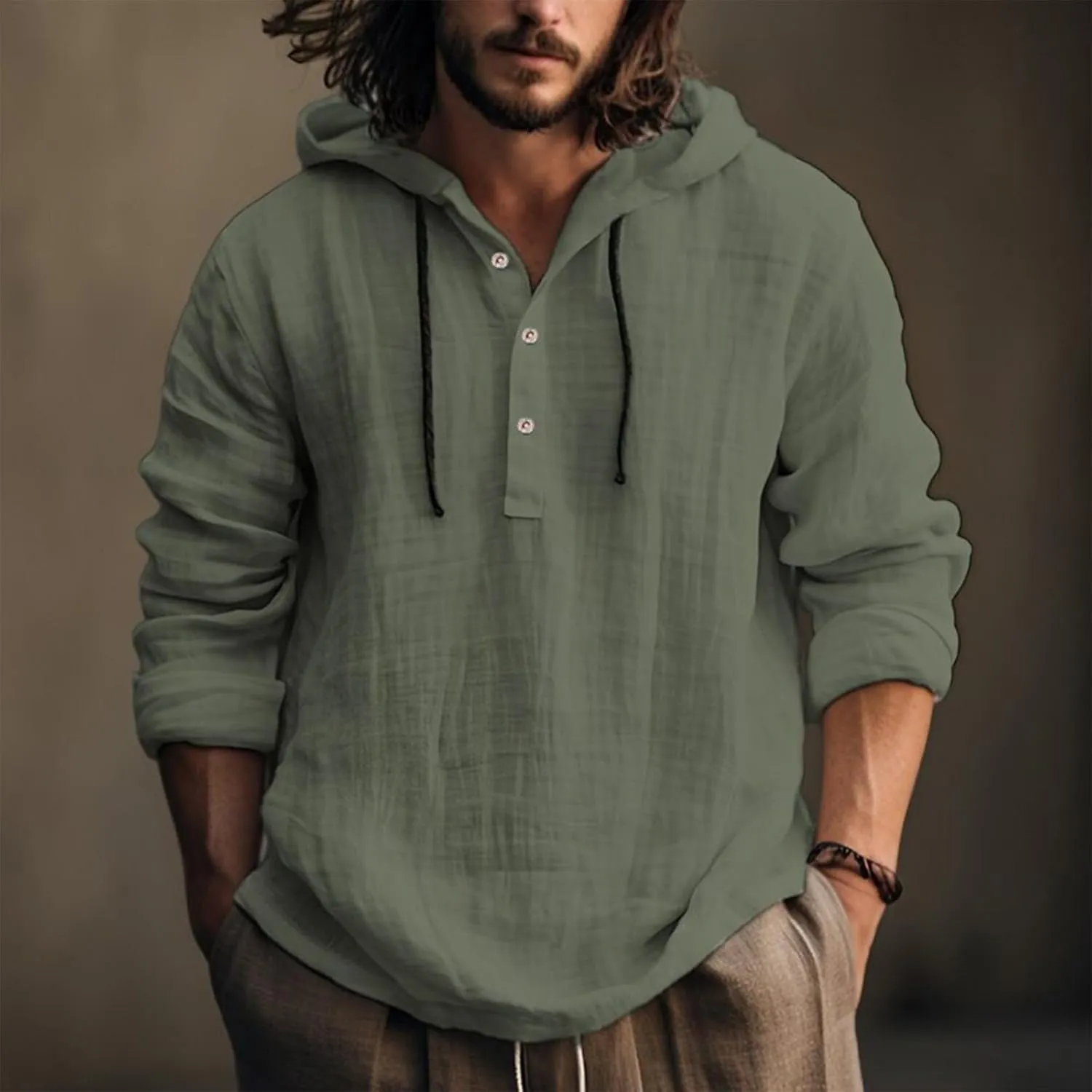 Mens Cotton Linen Hoodie,Long Sleeve Lightweight Breathable Hooded Button Down Shirt Spring Fall Casual Top