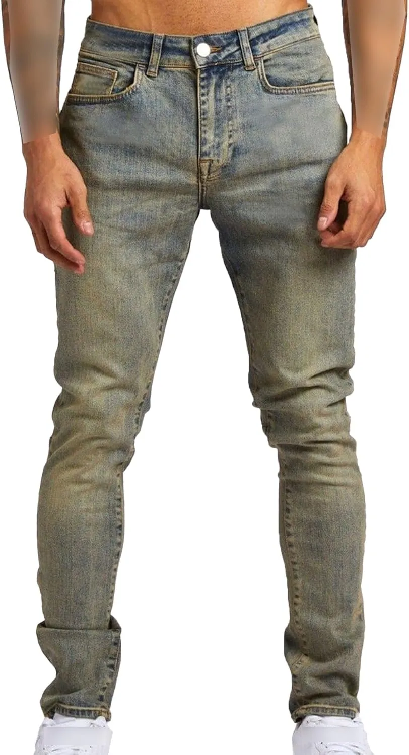 Men's Slim-Fit Stretch Jeans Vintage Regular Fit Denim Pants Straight Leg Classic Skinny Flex Jean Trousers