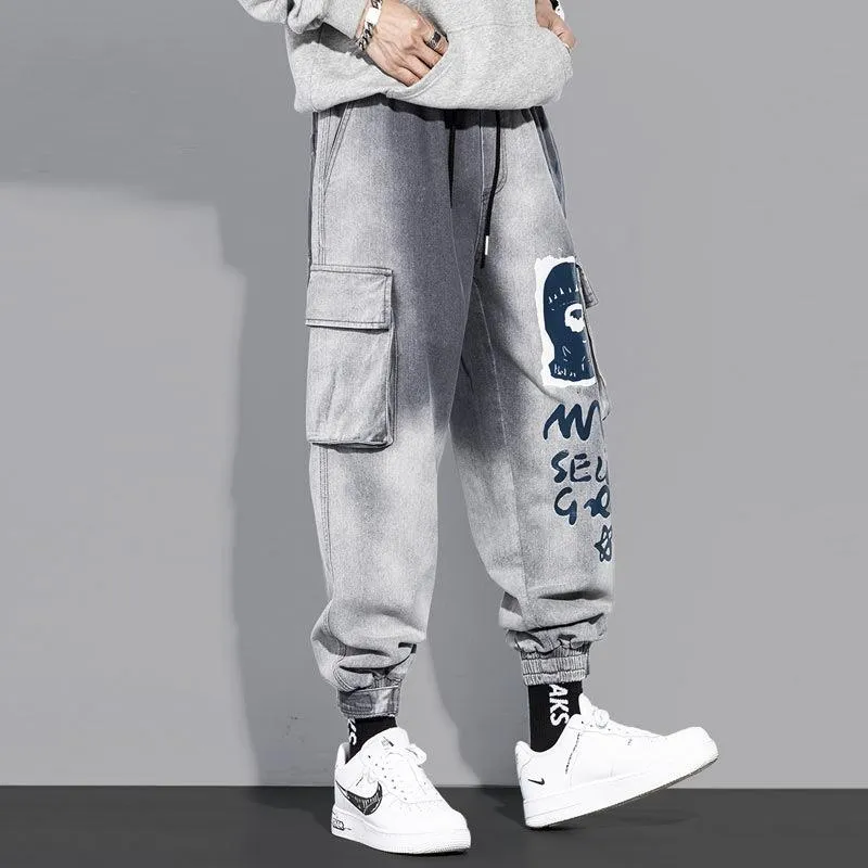 Multi-pocket tooling jeans men's trendy brand gradient trousers loose casual boys tie pants