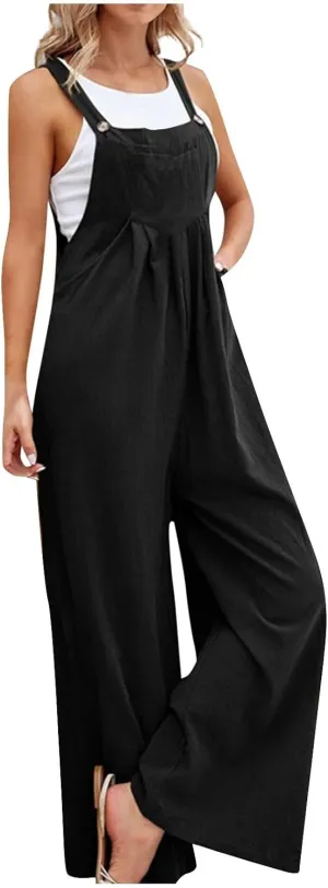 One Piece Jumpsuits for Women Spaghetti Strap Linen Overalls with Pockets Baggy Wide Leg Pants Rompers Dungarees