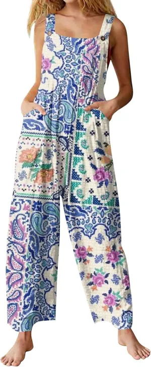 Overalls for Women 2025 Spring Summer Rompers Vintage Boho Floral Adjustable Straps Wide Leg Jumpsuits With Pockets
