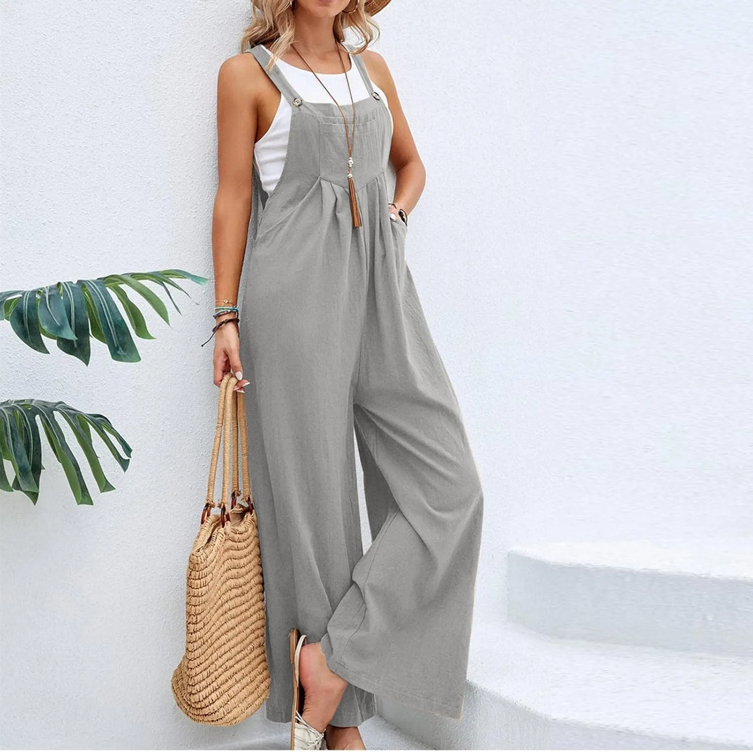 Overalls for Women 2025 Vacation Summer Solid Jumpsuits Cute Boho Floral Adjustable Straps Wide Leg Pant With Pockets