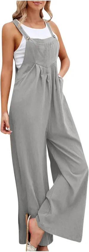 Overalls for Women 2025 Vacation Summer Solid Jumpsuits Cute Boho Floral Adjustable Straps Wide Leg Pant With Pockets