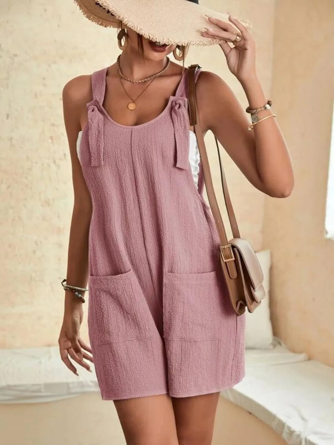 OZARE Cotton Linen Jumpsuits for Women Rompers Summer Casual Sleeveless Shorts Overalls with Pockets Short Pant Dungarees (Pink Small)