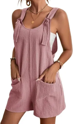OZARE Cotton Linen Jumpsuits for Women Rompers Summer Casual Sleeveless Shorts Overalls with Pockets Short Pant Dungarees (Pink Small)