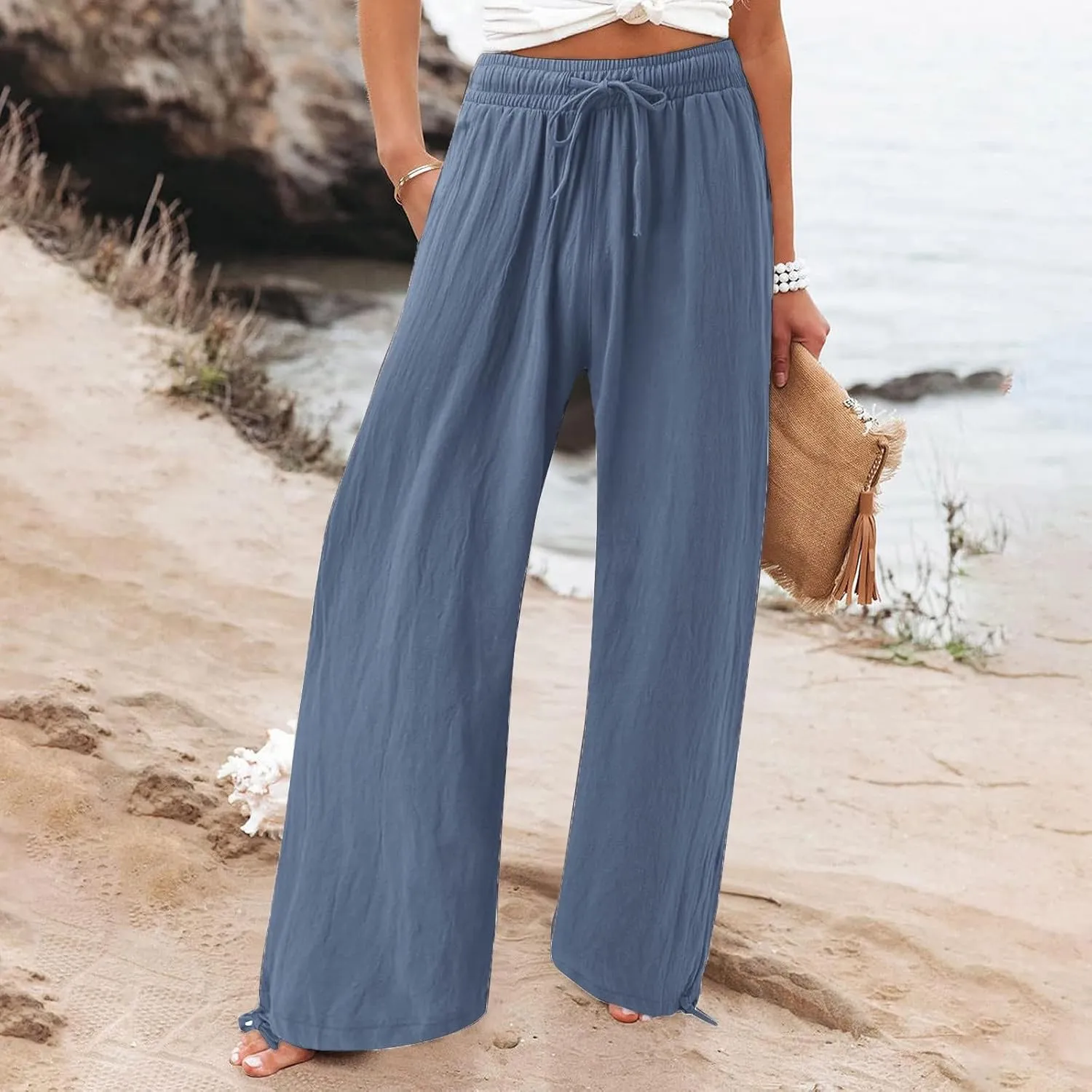 SHAOBGE Summer Pants for Women 2024 Womens Cotton Casual Loose Pants Comfy Work Pants with Elastic Trendy Pants