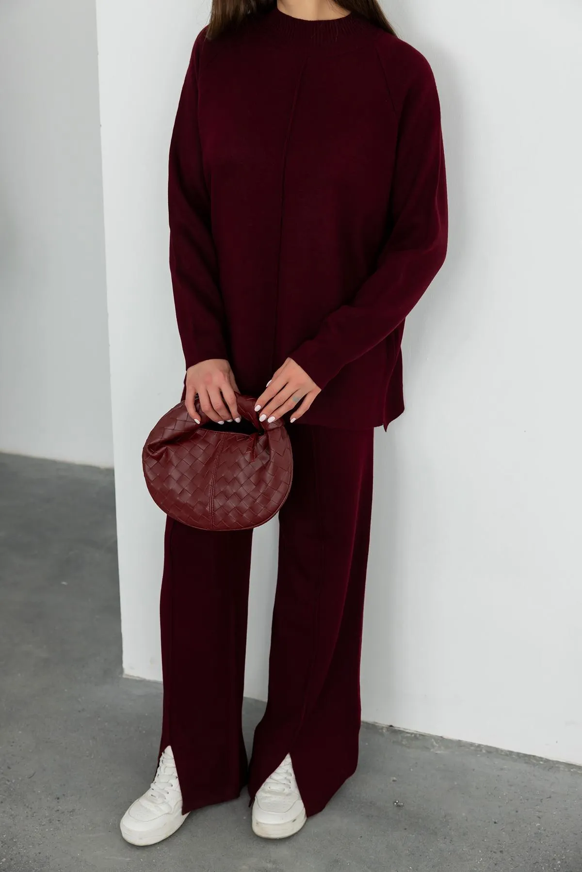 Stylish Knitted Sweater Trouser Set Claret red