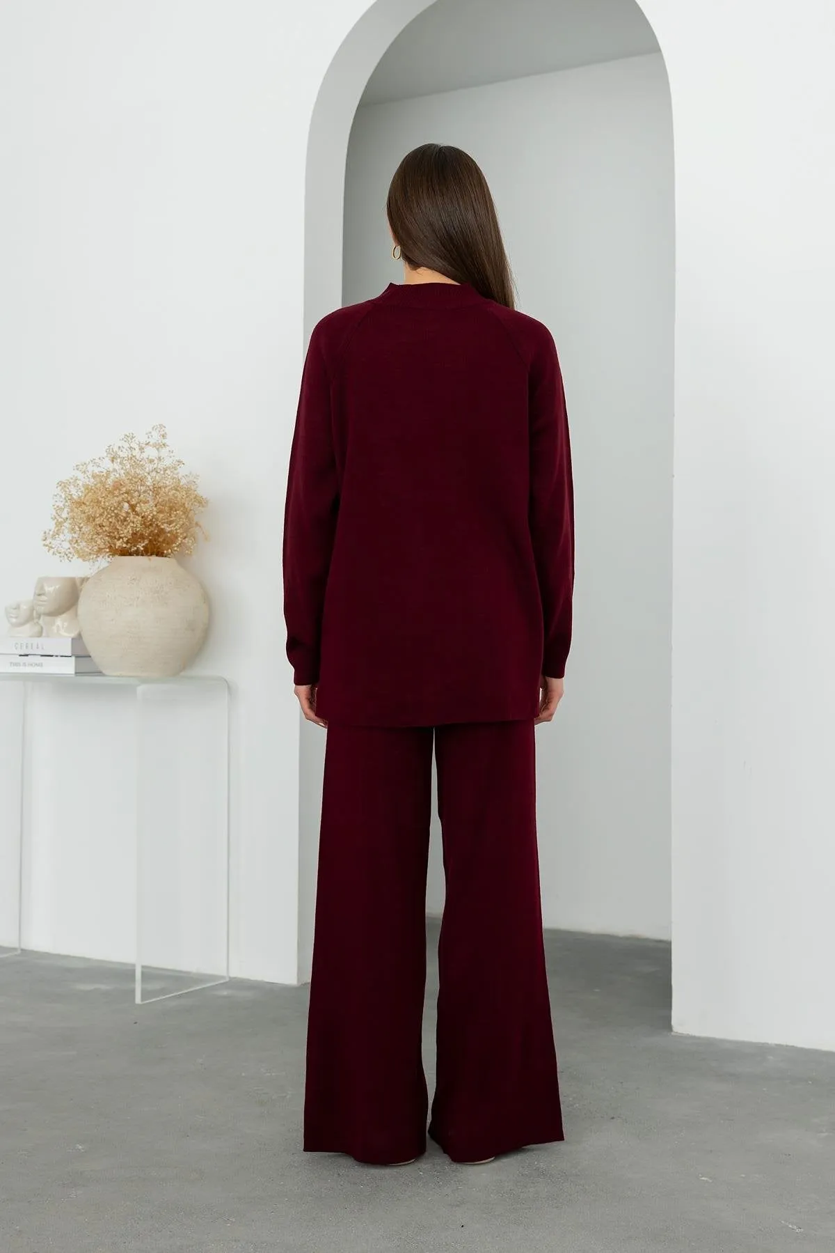Stylish Knitted Sweater Trouser Set Claret red
