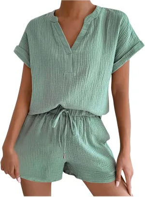 Two Piece Lounge Set for Women Casual Short Sleeve V Neck Tops and Elastic Waist Shorts 2025 Resort Wear Sweatsuit