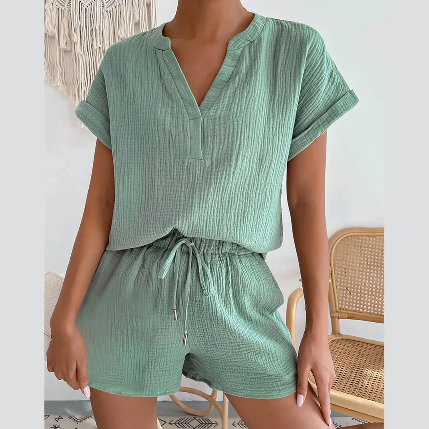 Two Piece Lounge Set for Women Casual Short Sleeve V Neck Tops and Elastic Waist Shorts 2025 Resort Wear Sweatsuit