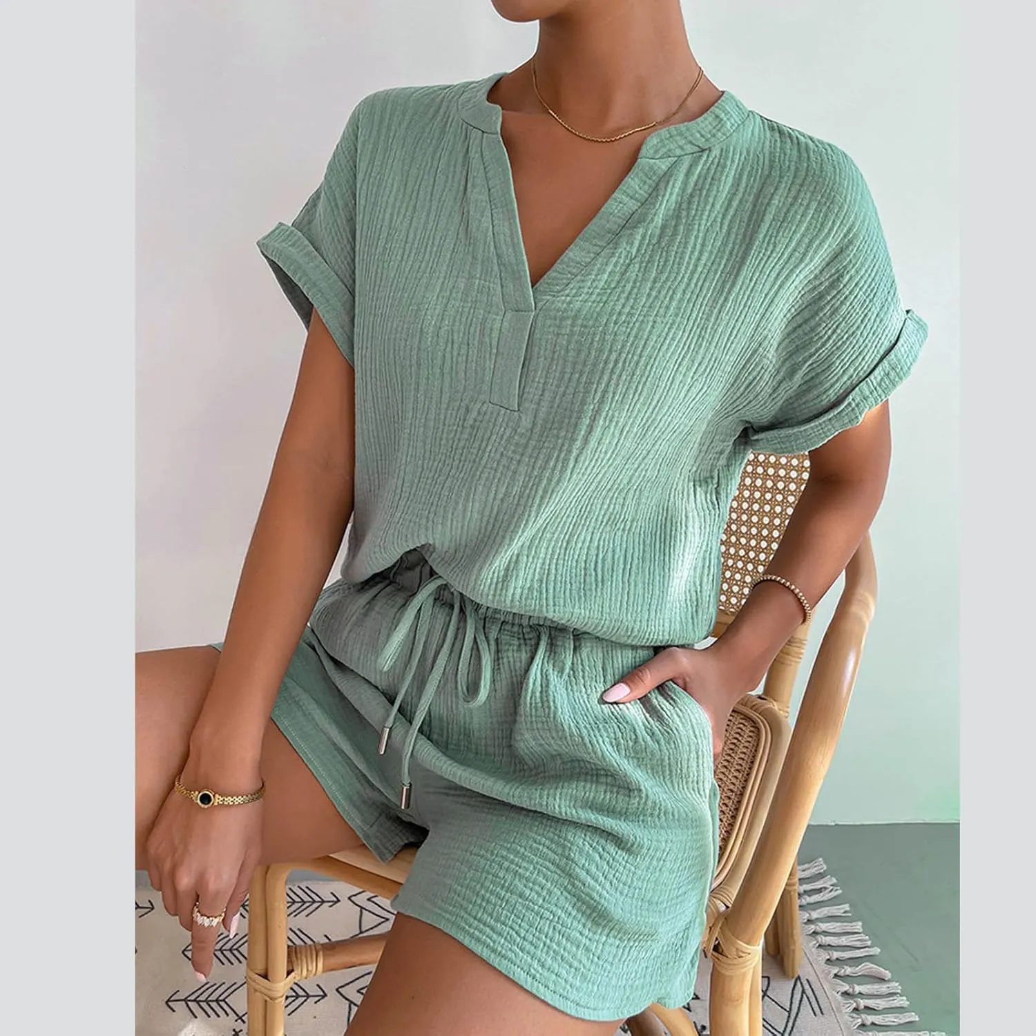 Two Piece Lounge Set for Women Casual Short Sleeve V Neck Tops and Elastic Waist Shorts 2025 Resort Wear Sweatsuit