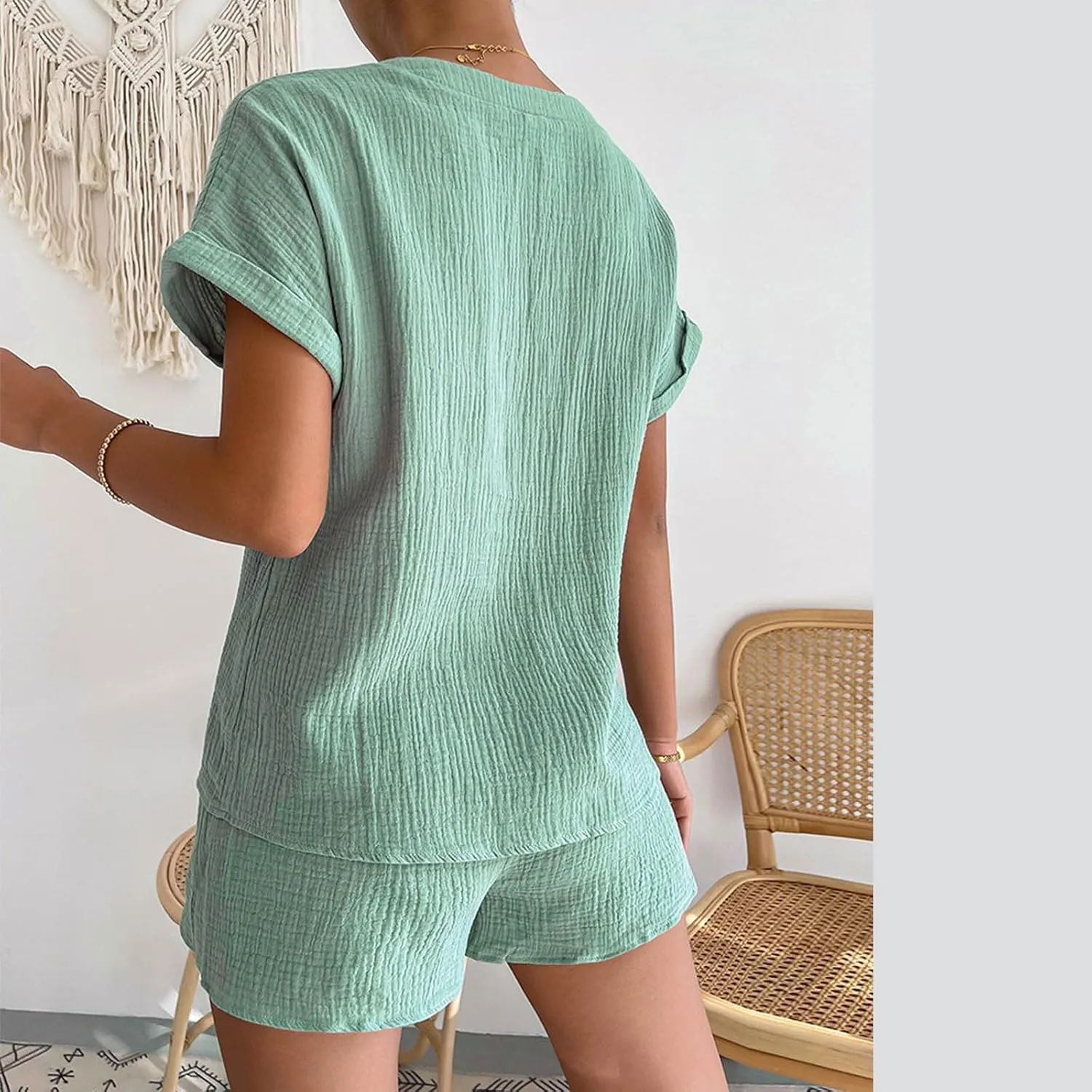 Two Piece Lounge Set for Women Casual Short Sleeve V Neck Tops and Elastic Waist Shorts 2025 Resort Wear Sweatsuit