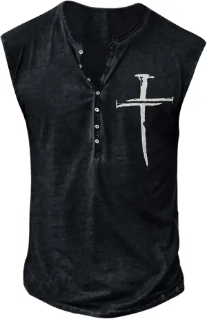 WENKOMG1 Men's Distressed Henley Shirt Sleeveless Graphic Tee Shirt Regular Fit Tank Top Fashion Shirt