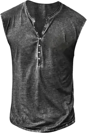 WENKOMG1 Men's Distressed Henley Shirt Sleeveless Graphic Tee Shirt Regular Fit Tank Top Fashion Shirt