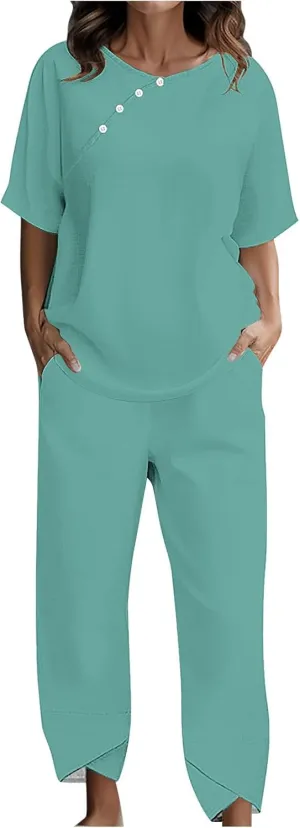 Women Summer 2 Piece Linen Outfits Half Sleeve Top and Wide Leg Pants Lounge Matching Set Tracksuits Trendy Clothes