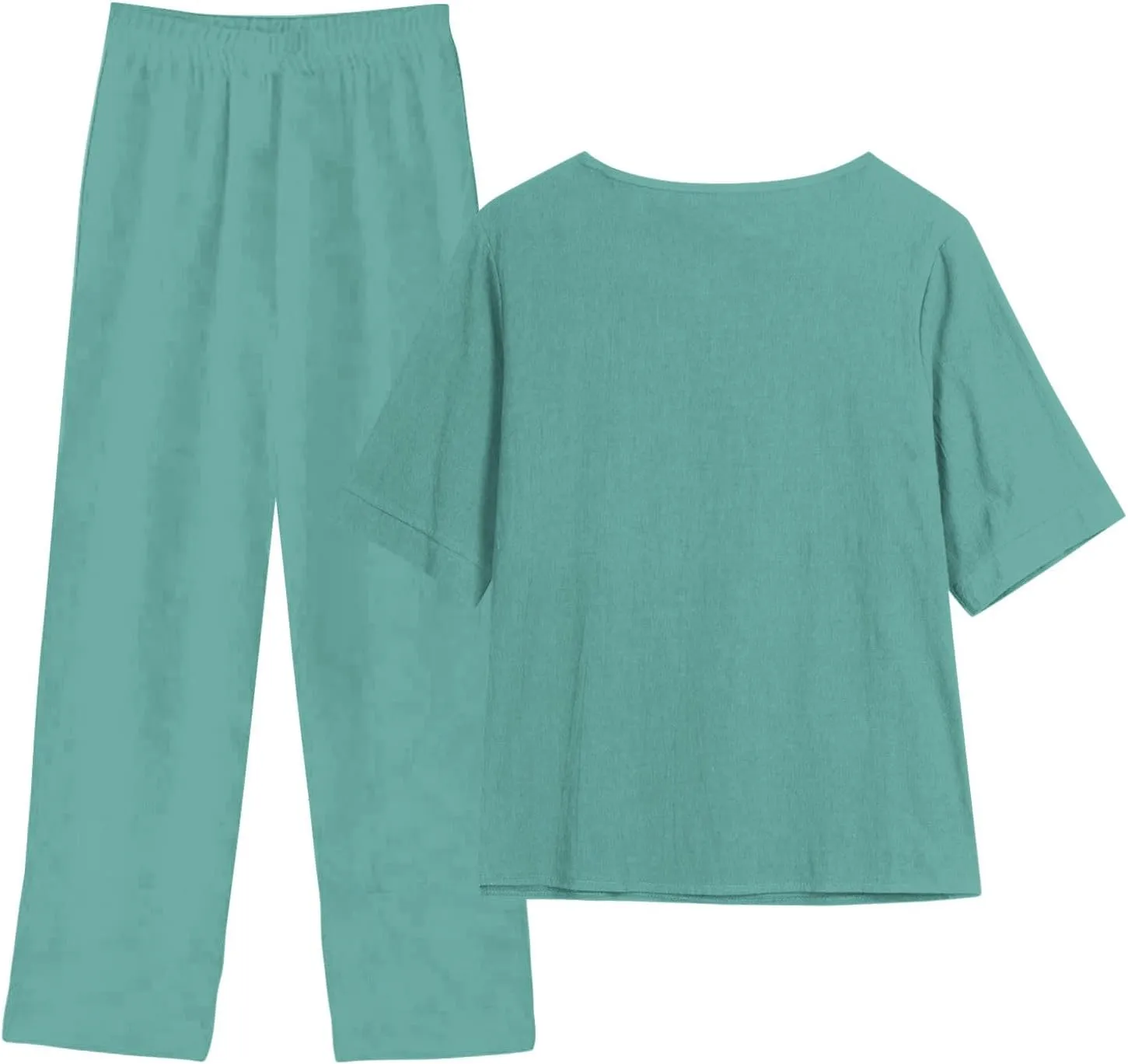 Women Summer 2 Piece Linen Outfits Half Sleeve Top and Wide Leg Pants Lounge Matching Set Tracksuits Trendy Clothes